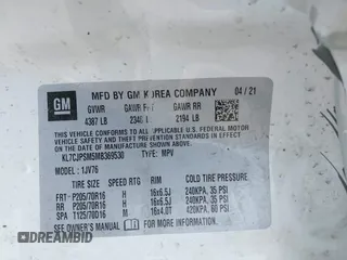 2021 Chevrolet Trax LT with VIN KL7CJPSM5MB369530, listed as a IAAI auction lot 42146885 with 21,906 mi miles and . Bid and sale history available at DreamBid. Image 9.