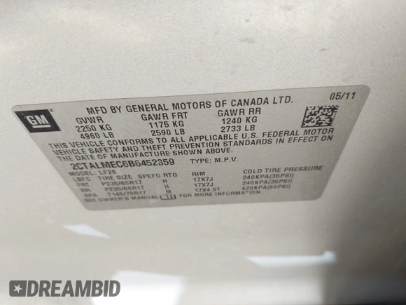 2011 GMC Terrain SLE-1 with VIN 2CTALMEC6B6452359, listed as a IAAI auction lot 42237349 with 198,817 mi miles and . Bid and sale history available at DreamBid. Image 9.