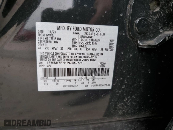 2023 Ford Explorer Limited z VIN 1FMSK7FH1PGB50771, wystawiony jako Copart lot #43957045 z przebiegiem 20 572 mil mil oraz Szkoda całkowita • Salvage title. Historia ofert i sprzedaży dostępna na DreamBid. Obrazek 14.