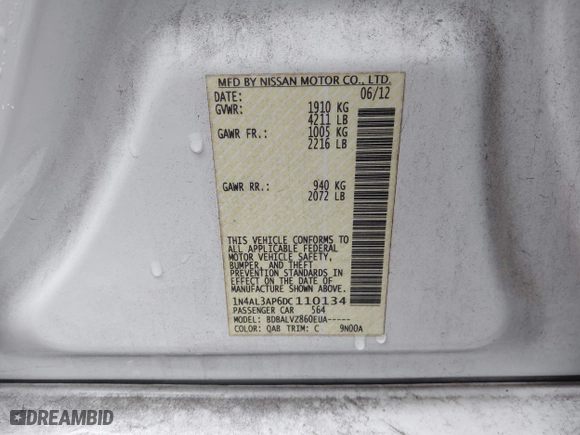 2013 Nissan Altima 2.5 SL with VIN 1N4AL3AP6DC110134, listed as a IAAI auction lot 41576820 with 1 mi miles. Bid and sale history available at carsss.com. Image 9.