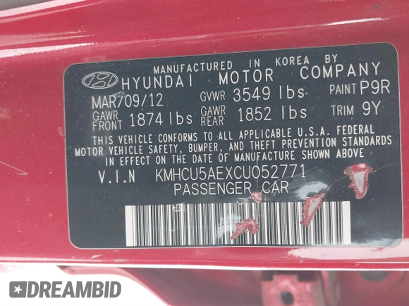 2012 Hyundai Accent SE with VIN KMHCU5AEXCU052771, listed as a IAAI auction lot 41599618 with 230,152 mi miles. Bid and sale history available at carsss.com. Image 9.