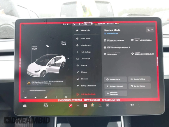 2020 Tesla Model 3 Long Range with VIN 5YJ3E1EB0LF703733, listed as a IAAI auction lot 41796732 with 75,027 mi miles. Bid and sale history available at carsss.com. Image 7.
