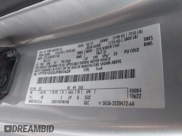 2018 Ford F-150 XL with VIN 1FTFX1EG5JFB03429, listed as a IAAI auction lot 42008961 with 86,542 mi miles. Bid and sale history available at carsss.com. Image 9.
