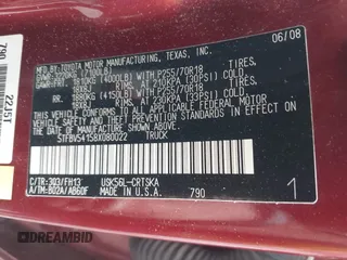2008 Toyota Tundra z VIN 5TFBV54158X080022, wystawiony jako IAAI lot #38891111 z przebiegiem 183 752 mil mil oraz . Historia ofert i sprzedaży dostępna na DreamBid. Obrazek 9.