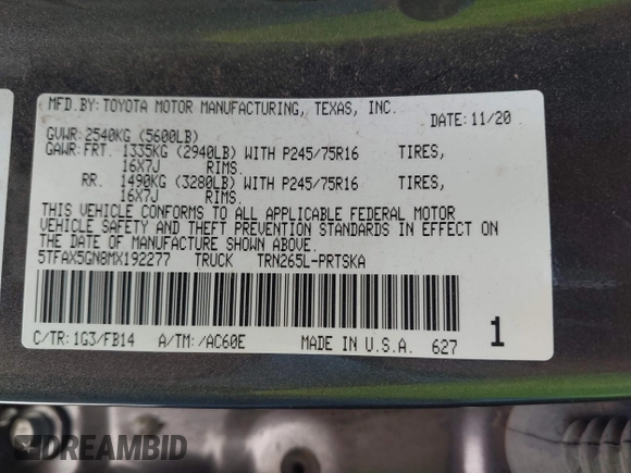 2021 Toyota Tacoma SR z VIN 5TFAX5GN8MX192277, wystawiony jako IAAI lot #42277081 z przebiegiem 66 322 mil mil oraz . Historia ofert i sprzedaży dostępna na DreamBid. Obrazek 9.