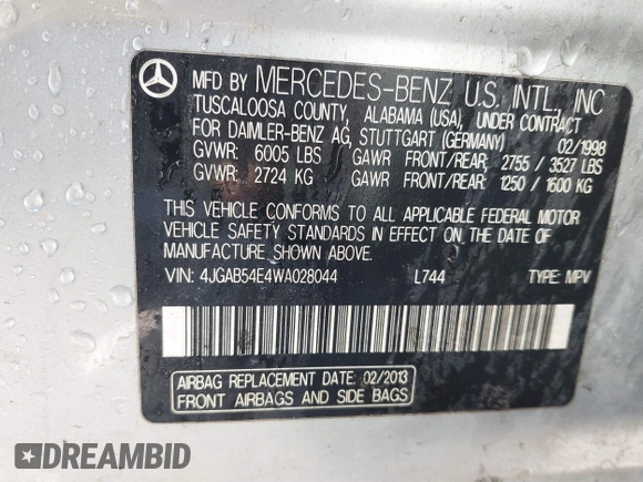 1998 Mercedes-Benz M 320/430/500 with VIN 4JGAB54E4WA028044, listed as a IAAI auction lot 42013560 with 196,372 mi miles and . Bid and sale history available at DreamBid. Image 9.