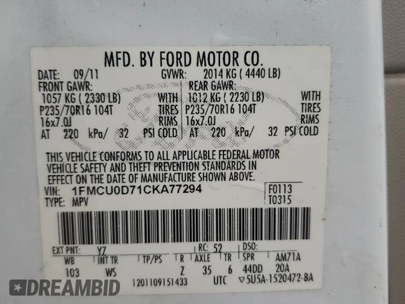 2012 Ford Escape XLT with VIN 1FMCU0D71CKA77294, listed as a Copart auction lot 55769595 with 256,238 mi miles and Salvage title. Bid and sale history available at DreamBid. Image 13.