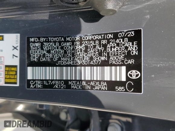 2023 Toyota Corolla LE z VIN JTDB4MEE3P3014377, wystawiony jako Copart lot #48761545 z przebiegiem 8 798 mil mil oraz Szkoda całkowita • Salvage title. Historia ofert i sprzedaży dostępna na DreamBid. Obrazek 12.
