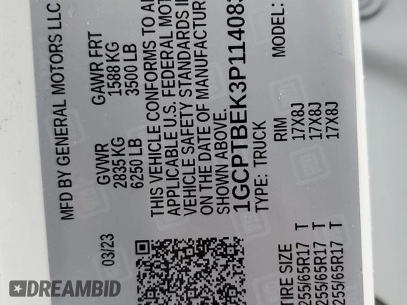 2023 Chevrolet Colorado 4WD Work Truck с VIN 1GCPTBEK3P1140835, выставлен на аукционе Copart как лот 56874755 с пробегом 48 728 миль миль и Списание • Salvage title. История ставок и продаж доступна на DreamBid. Изображение 12.