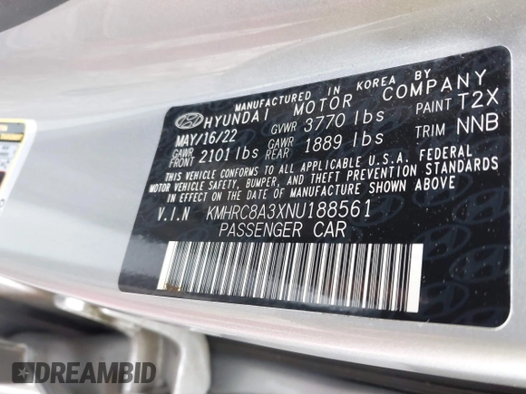 2022 Hyundai Venue SEL z VIN KMHRC8A3XNU188561, wystawiony jako IAAI lot #42337212 z przebiegiem 65 849 mil mil oraz . Historia ofert i sprzedaży dostępna na DreamBid. Obrazek 9.