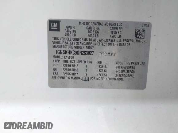 2016 Chevrolet Suburban LT with VIN 1GNSKHKC9GR263027, listed as a IAAI auction lot 42463711 with Not provided miles and . Bid and sale history available at DreamBid. Image 9.