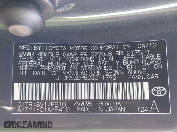 2012 Toyota Prius with VIN JTDKN3DP5C3011792, listed as a IAAI auction lot 42544789 with 127,704 mi miles and . Bid and sale history available at DreamBid. Image 9.