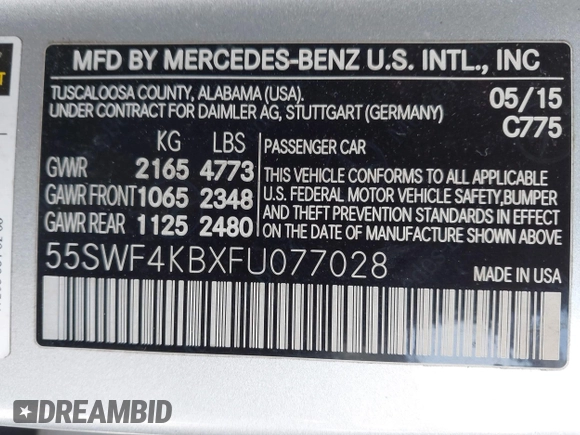 2015 Mercedes-Benz C 300 Luxury with VIN 55SWF4KBXFU077028, listed as a IAAI auction lot 41728293 with 149,131 mi miles and . Bid and sale history available at DreamBid. Image 9.