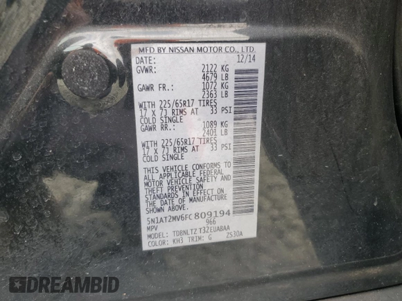 2015 Nissan Rogue SL with VIN 5N1AT2MV6FC809194, listed as a Copart auction lot 49916945 with 192,073 mi miles and Salvage Title. Bid and sale history available at carsss.com. Image 14.