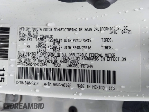 2021 Toyota Tacoma SR z VIN 3TMCZ5AN5MM417384, wystawiony jako IAAI lot #41617168 z przebiegiem 55 969 mil mil oraz . Historia ofert i sprzedaży dostępna na DreamBid. Obrazek 9.