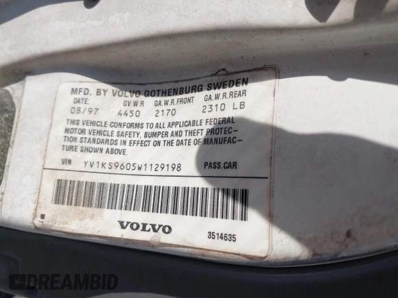 1998 Volvo S90 with VIN YV1KS9605W1129198, listed as a IAAI auction lot 42153215 with 257,242 mi miles. Bid and sale history available at carsss.com. Image 9.
