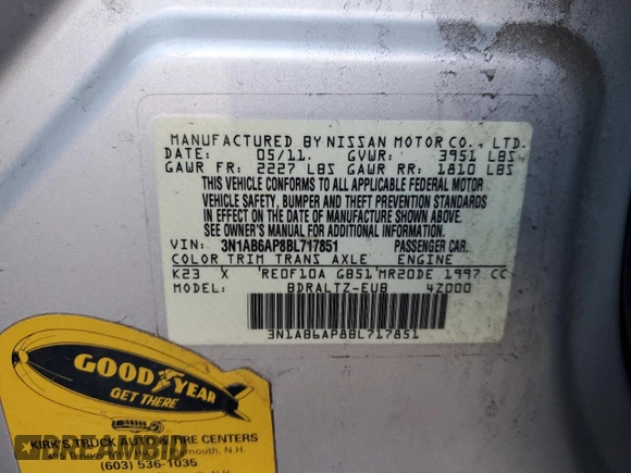 2011 Nissan Sentra SL with VIN 3N1AB6AP8BL717851, listed as a Copart auction lot 85944014 with 180,906 mi miles and Salvage Title. Bid and sale history available at DreamBid. Image 14.