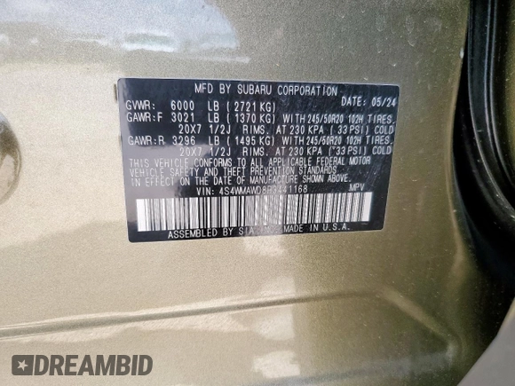 2024 Subaru Ascent Touring with VIN 4S4WMAWD8R3441168, listed as a Copart auction lot 59171145 with Not provided miles and Salvage title. Bid and sale history available at DreamBid. Image 14.