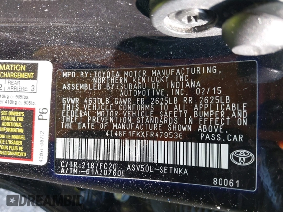 2015 Toyota Camry XLE with VIN 4T4BF1FKXFR479536, listed as a IAAI auction lot 42147724 with 88,853 mi miles and . Bid and sale history available at DreamBid. Image 9.
