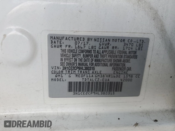 2017 Nissan Note SV с VIN 3N1CE2CP9HL380315, выставлен на аукционе Copart как лот 63630465 с пробегом 144 920 миль миль и Чистый • Clean title. История ставок и продаж доступна на DreamBid. Изображение 12.