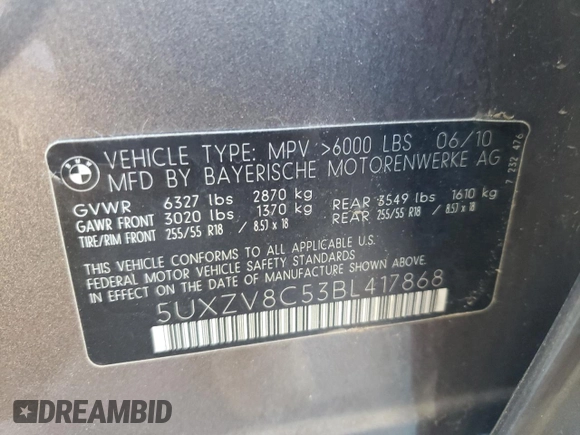 2011 BMW X5 50i with VIN 5UXZV8C53BL417868, listed as a Copart auction lot 55095935 with 102,720 mi miles and Clean title. Bid and sale history available at DreamBid. Image 13.