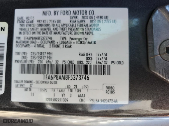 2015 Ford Mustang V6 with VIN 1FA6P8AM8F5373746, listed as a Copart auction lot 48785015 with 111,079 mi miles and Salvage Title. Bid and sale history available at carsss.com. Image 13.
