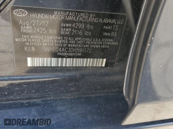2013 Hyundai Sonata Limited z VIN 5NPEC4AC3DH591172, wystawiony jako Copart lot #58906375 z przebiegiem 171 765 mil mil oraz Szkoda całkowita • Salvage title. Historia ofert i sprzedaży dostępna na DreamBid. Obrazek 12.