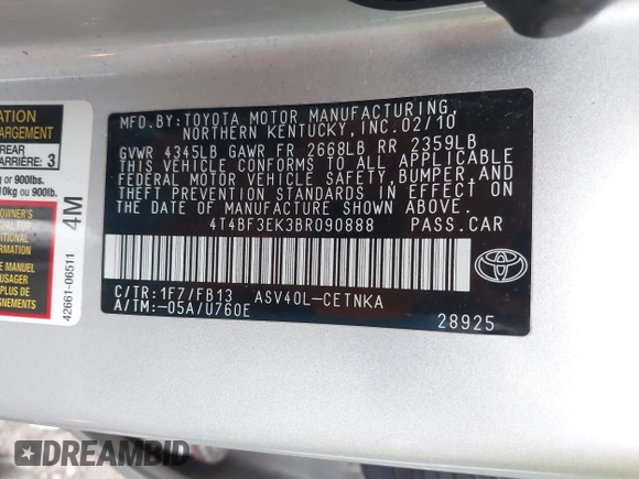 2011 Toyota Camry LE with VIN 4T4BF3EK3BR090888, listed as a IAAI auction lot 41527836 with 182,227 mi miles and . Bid and sale history available at DreamBid. Image 9.