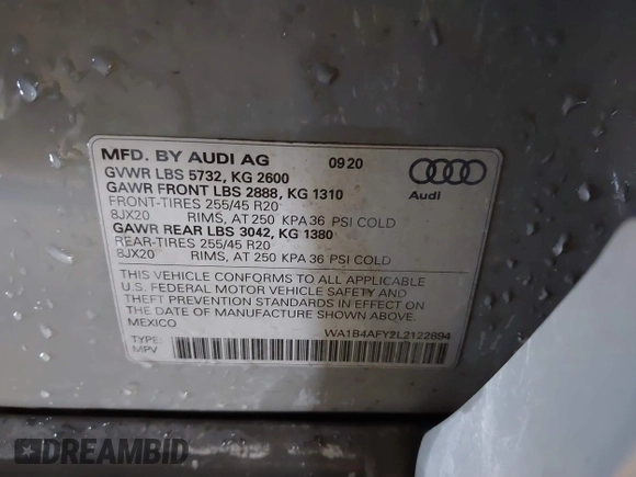 2020 Audi SQ5 Premium Plus with VIN WA1B4AFY2L2122894, listed as a IAAI auction lot 41613149 with 53,306 mi miles and . Bid and sale history available at DreamBid. Image 9.