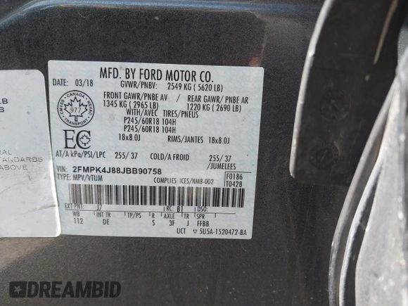 2018 Ford Edge SEL with VIN 2FMPK4J88JBB90758, listed as a IAAI auction lot 41803287 with 122,881 mi miles. Bid and sale history available at carsss.com. Image 9.
