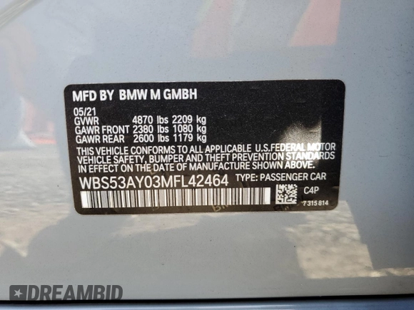 2021 BMW M3 with VIN WBS53AY03MFL42464, listed as a Copart auction lot 42829735 with 19,875 mi miles and Salvage Title. Bid and sale history available at carsss.com. Image 13.