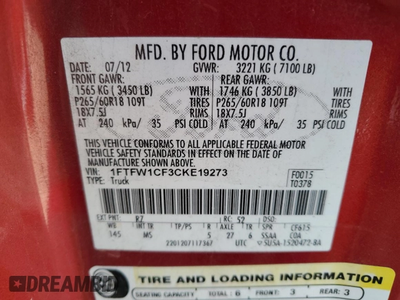 2012 Ford F-150 XL with VIN 1FTFW1CF3CKE19273, listed as a Copart auction lot 44929725 with 86,243 mi miles and Salvage Title. Bid and sale history available at carsss.com. Image 12.