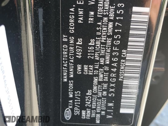 2015 Kia Optima SX Turbo with VIN 5XXGR4A63FG517153, listed as a Copart auction lot 65068985 with 153,482 mi miles and Salvage title. Bid and sale history available at DreamBid. Image 12.