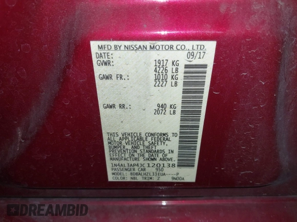 2018 Nissan Altima SR with VIN 1N4AL3AP4JC120138, listed as a IAAI auction lot 42111389 with 69,939 mi miles and . Bid and sale history available at carsss.com. Image 9.