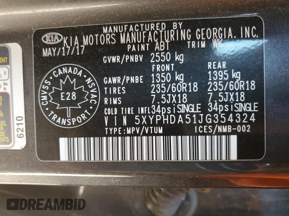 2018 Kia Sorento EX with VIN 5XYPHDA51JG354324, listed as a Copart auction lot 64730385 with 100,962 mi miles and Salvage title. Bid and sale history available at DreamBid. Image 13.