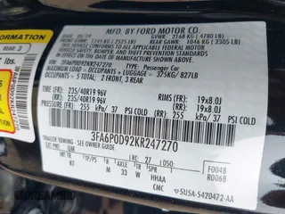 2019 Ford Fusion Titanium with VIN 3FA6P0D92KR247270, listed as a IAAI auction lot 42474803 with Not provided miles and . Bid and sale history available at DreamBid. Image 9.