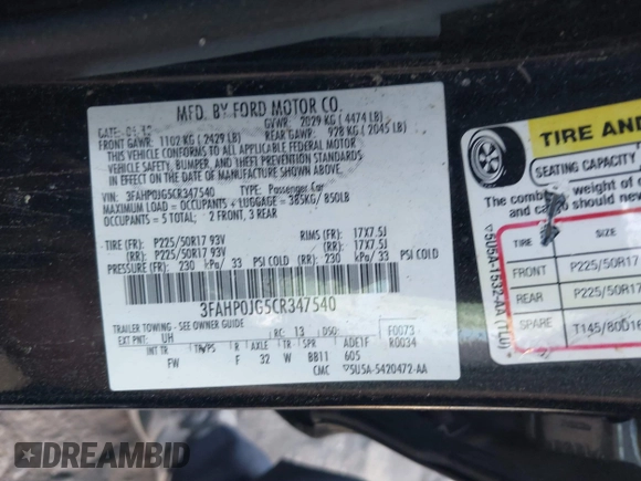 2012 Ford Fusion SEL with VIN 3FAHP0JG5CR347540, listed as a IAAI auction lot 41834383 with 1 mi miles. Bid and sale history available at carsss.com. Image 9.