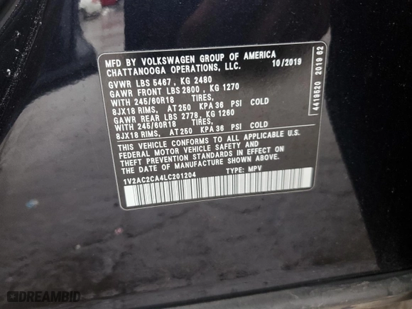 2020 Volkswagen Atlas Cross Sport 2.0T S with VIN 1V2AC2CA4LC201204, listed as a Copart auction lot 43347835 with 67,236 mi miles and Salvage Title. Bid and sale history available at carsss.com. Image 15.