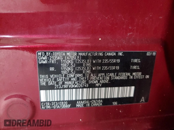 2019 Toyota RAV4 Adventure with VIN 2T3J1RFV0KW026749, listed as a Copart auction lot 59616325 with 46,419 mi miles and Salvage title. Bid and sale history available at DreamBid. Image 14.