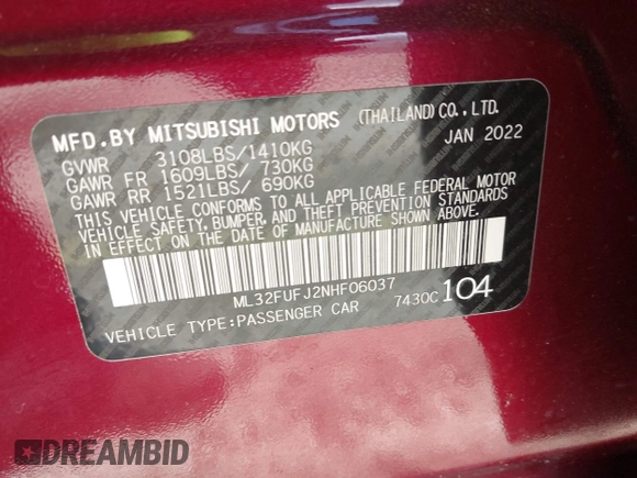 2022 Mitsubishi Mirage ES with VIN ML32FUFJ2NHF06037, listed as a IAAI auction lot 42346408 with 23,066 mi miles and . Bid and sale history available at DreamBid. Image 9.