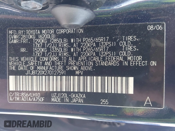 2007 Lexus GX 470 z VIN JTJBT20X270127591, wystawiony jako IAAI lot #42273144 z przebiegiem 191 240 mil mil oraz . Historia ofert i sprzedaży dostępna na DreamBid. Obrazek 9.