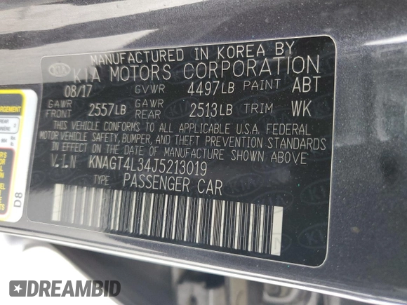 2018 Kia Optima LX z VIN KNAGT4L34J5213019, wystawiony jako Copart lot #54748065 z przebiegiem 97 798 mil mil oraz Szkoda całkowita • Salvage title. Historia ofert i sprzedaży dostępna na DreamBid. Obrazek 12.