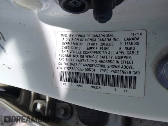 2014 Honda Civic LX with VIN 2HGFB2F50EH508704, listed as a IAAI auction lot 41704312 with 206,084 mi miles. Bid and sale history available at carsss.com. Image 9.