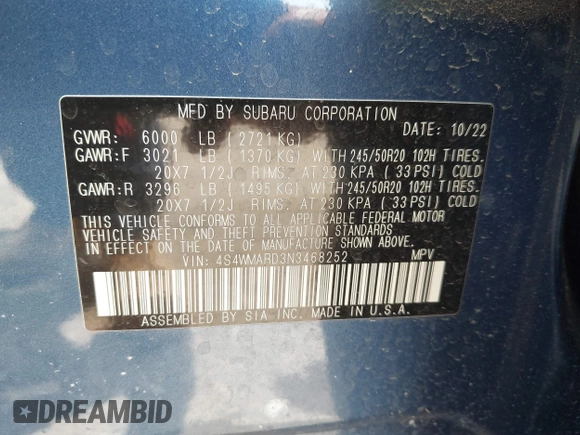 2022 Subaru Ascent Touring with VIN 4S4WMARD3N3468252, listed as a IAAI auction lot 42439251 with 59,811 mi miles and . Bid and sale history available at DreamBid. Image 9.