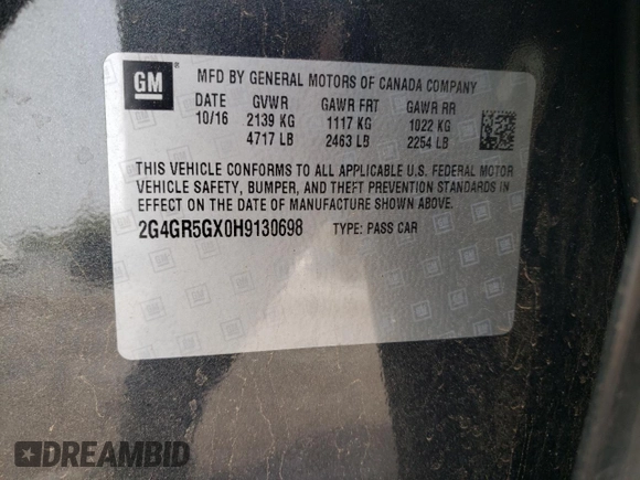 2017 Buick Regal Premium II with VIN 2G4GR5GX0H9130698, listed as a Copart auction lot 50827435 with 38,375 mi miles and Salvage Title. Bid and sale history available at carsss.com. Image 13.
