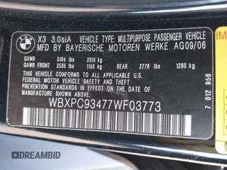 2007 BMW X3 3.0si with VIN WBXPC93477WF03773, listed as a IAAI auction lot 42055387 with 136,021 mi miles and . Bid and sale history available at DreamBid. Image 9.