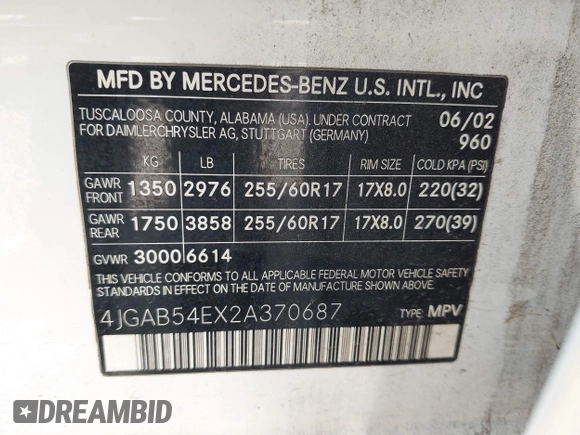 2002 Mercedes-Benz M 320/430/500 с VIN 4JGAB54EX2A370687, выставлен на аукционе IAAI как лот 42215662 с пробегом 147 096 миль миль и . История ставок и продаж доступна на DreamBid. Изображение 9.