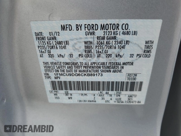 2012 Ford Escape XLT с VIN 1FMCU9DG6CKB89173, выставлен на аукционе Copart как лот 66486305 с пробегом 160 323 миль миль и Чистый • Clean title. История ставок и продаж доступна на DreamBid. Изображение 12.