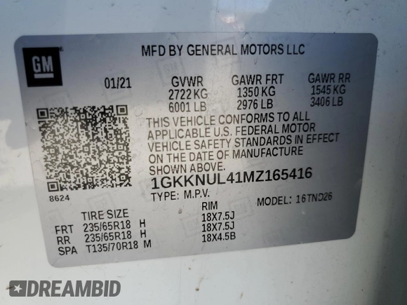 2021 GMC Acadia SLT z VIN 1GKKNUL41MZ165416, wystawiony jako Copart lot #49061435 z przebiegiem 63 646 mil mil oraz Szkoda całkowita • Salvage title. Historia ofert i sprzedaży dostępna na DreamBid. Obrazek 14.