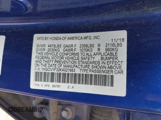 2019 Honda Accord Sport with VIN 1HGCV1F32KA021663, listed as a IAAI auction lot 42562408 with 145,197 mi miles and . Bid and sale history available at DreamBid. Image 9.